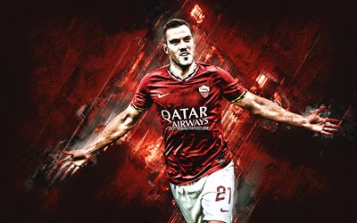 Jordan Veretout, COME Roma, calciatore francese, centrocampista, in pietra rossa, sfondo, Serie A, Italia, calcio