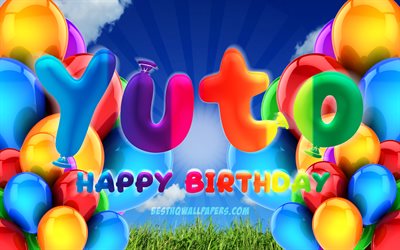 Yuto Happy Birthday, 4k, cloudy sky background, Birthday Party, colorful ballons, Yuto name, Happy Birthday Yuto, Birthday concept, Yuto Birthday, Yuto
