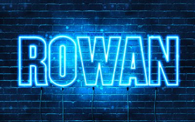 Rowan, 4k, fondos de pantalla con los nombres, el texto horizontal, Rowan nombre, luces azules de ne&#243;n, de la imagen con el nombre de Rowan