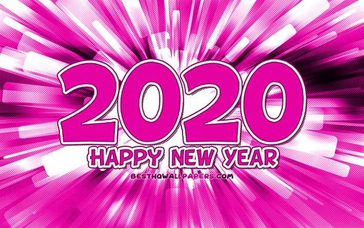 4k, Happy New Year 2020, purple abstract rays, 2020 purple digits, 2020 concepts, 2020 on purple background, 2020 year digits