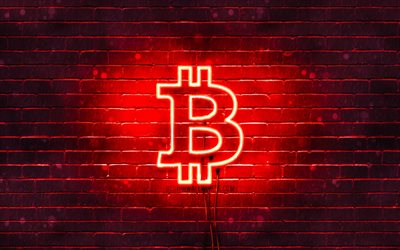 Bitcoin red logo, 4k, red brickwall, Bitcoin logo, cryptocurrency, Bitcoin neon logo, Bitcoin