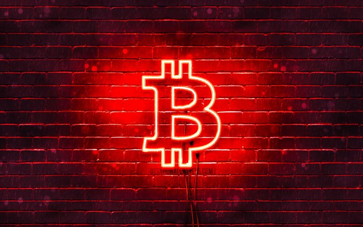 Bitcoin logo rouge, 4k, rouge brickwall, Bitcoin logo, cryptocurrency, Bitcoin n&#233;on logo, Bitcoin