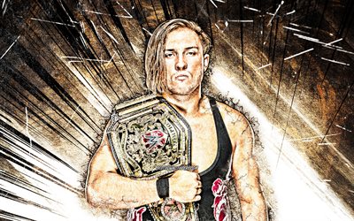 Pete Dunne, WWE, grunge art, english wrestlers, wrestling, brown abstract rays, Peter Thomas England, wrestlers
