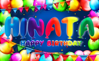 عيد ميلاد سعيد هيناتا, 4k, الملونة بالون الإطار, هيناتا اسم, خلفية زرقاء, هيناتا عيد ميلاد سعيد, عيد ميلاد هيناتا, الإبداعية, عيد ميلاد مفهوم, هيناتا