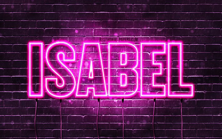 Isabel, 4k, isim Isabel adıyla, Bayan isimleri, Isabel adı, mor neon ışıkları, yatay metin, resim ile duvar kağıtları