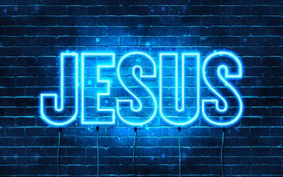Jeesus, 4k, taustakuvia nimet, vaakasuuntainen teksti, Jeesuksen nimi, blue neon valot, kuva, jossa Jeesus nimi