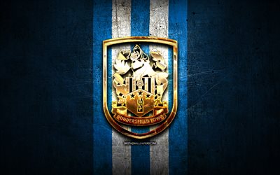 Huddersfield FC, logo dorato, EFL Campionato, blu, metallo, sfondo, calcio, FC Huddersfield, club di calcio inglese, Huddersfield FC logo, Inghilterra