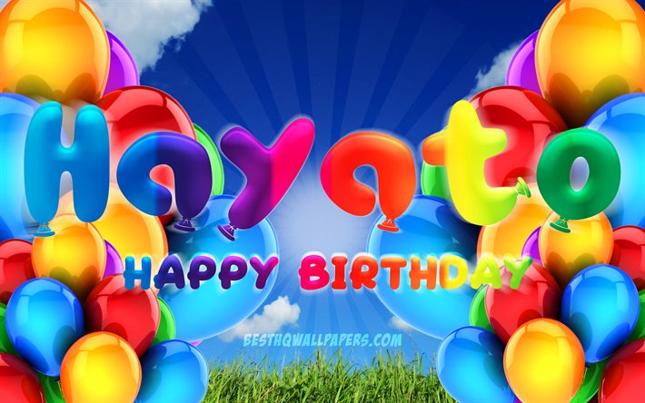 Hayato Happy Birthday, 4k, cloudy sky background, Birthday Party, colorful ballons, Hayato name, Happy Birthday Hayato, Birthday concept, Hayato Birthday, Hayato