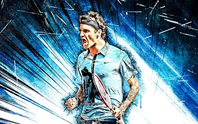 Roger Federer, grunge art, swiss tennis players, ATP, tennis, Federer, blue abstract rays