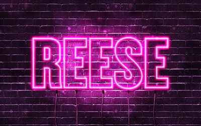 Reese, 4k, wallpapers with names, female names, Reese name, purple neon lights, horizontal text, picture with Reese name