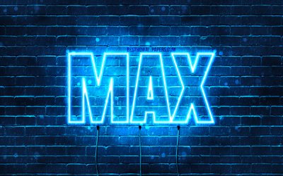 Max, 4k, pap&#233;is de parede com os nomes de, texto horizontal, Nome de Max, luzes de neon azuis, imagem com o nome de Max
