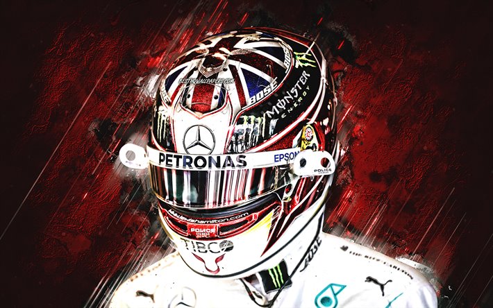 Lewis Hamilton, F1 Driver, World Champion 2019, british race car driver, Mercedes AMG Petronas F1 Team, Formula 1, red stone background
