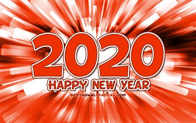 4k, gl&#252;ckliches neues jahr 2020, orange abstrakt-strahlen, 2020, orange ziffern, 2020-konzepte, bis 2020 auf orange hintergrund, 2020 jahr ziffern