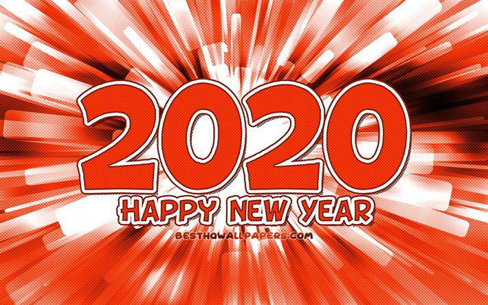 4k, Happy New Year 2020, orange abstract rays, 2020 orange digits, 2020 concepts, 2020 on orange background, 2020 year digits