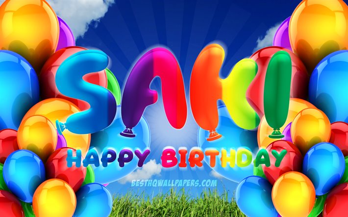 Saki Happy Birthday, 4k, cloudy sky background, female names, Birthday Party, colorful ballons, Saki name, Happy Birthday Saki, Birthday concept, Saki Birthday, Saki