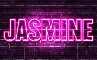 Jasmine, 4k, wallpapers with names, female names, Jasmine name, purple neon lights, horizontal text, picture with Jasmine name