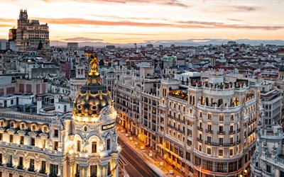 Metropolis Building, Madrid, city landscape, capital of Spain, Edificio Metropolis, evening, sunset, beautiful city
