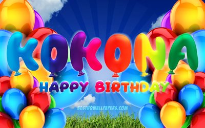 Kokona Happy Birthday, 4k, cloudy sky background, female names, Birthday Party, colorful ballons, Kokona name, Happy Birthday Kokona, Birthday concept, Kokona Birthday, Kokona