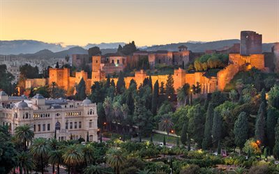 Malaga, evening, sunset, old fortress, Andalusia, Spain, Malaga landmark, Alcazaba of Malaga, Malaga city landscape