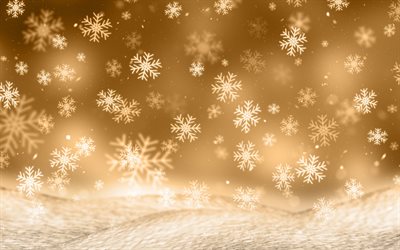 褐色雪の背景, 4k, 星, 茶色の冬の背景, 白雪, グレア, 冬の背景