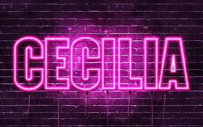Cecilia, 4k, taustakuvia nimet, naisten nimi&#228;, Cecilia nimi, violetti neon valot, vaakasuuntainen teksti, kuva Cecilia nimi