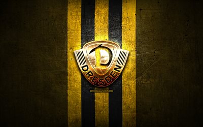 Dynamo Dresden FC, kultainen logo, Bundesliga 2, keltainen metalli tausta, jalkapallo, SG Dynamo Dresden, saksalainen jalkapalloseura, Dynamo Dresden-logo, Saksa