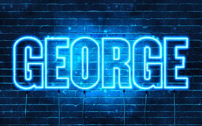 George, 4k, taustakuvia nimet, vaakasuuntainen teksti, George nimi, blue neon valot, kuva George nimi