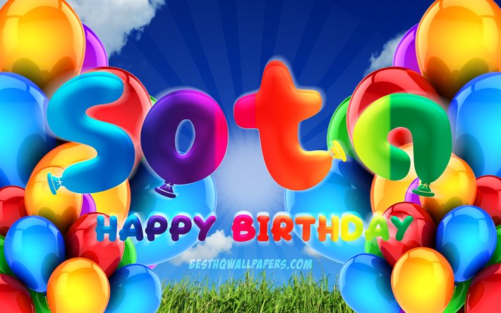 Sota Happy Birthday, 4k, cloudy sky background, Birthday Party, colorful ballons, Sota name, Happy Birthday Sota, Birthday concept, Sota Birthday, Sota