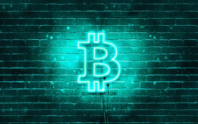 Bitcoin turquoise logo, 4k, turquoise brickwall, Bitcoin logo, cryptocurrency, Bitcoin neon logo, Bitcoin