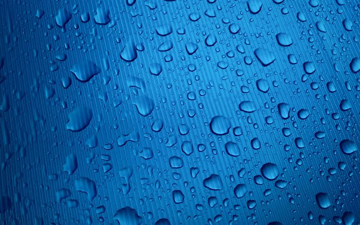 las gotas de agua de la textura, 4k, las gotas en el cristal, azul, antecedentes, agua, gotas, las gotas de la textura, el agua, las gotas sobre fondo azul
