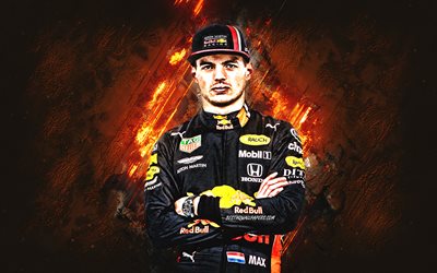 Max Verstappen, Formula 1, Dutch racing driver, F1, Red Bull Racing, orange stone background, Red Bull