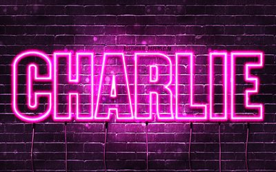 Charlie, 4k, pap&#233;is de parede com os nomes de, nomes femininos, Charlie nome, roxo luzes de neon, texto horizontal, imagem com Charlie nome