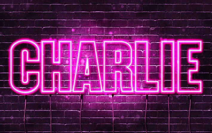 Charlie, 4k, taustakuvia nimet, naisten nimi&#228;, Charlie nimi, violetti neon valot, vaakasuuntainen teksti, kuva Charlie nimi