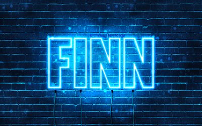 Finn, 4k, fondos de pantalla con los nombres, el texto horizontal, Finn nombre, luces azules de ne&#243;n, de la imagen con el nombre de Finn