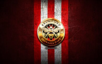 Brentford FC, golden logotyp, EFL Championship, red metal bakgrund, fotboll, engelska football club, Brentford FC logotyp, England