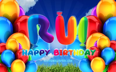 Rui Happy Birthday, 4k, cloudy sky background, Birthday Party, colorful ballons, Rui name, Happy Birthday Rui, Birthday concept, Rui Birthday, Rui