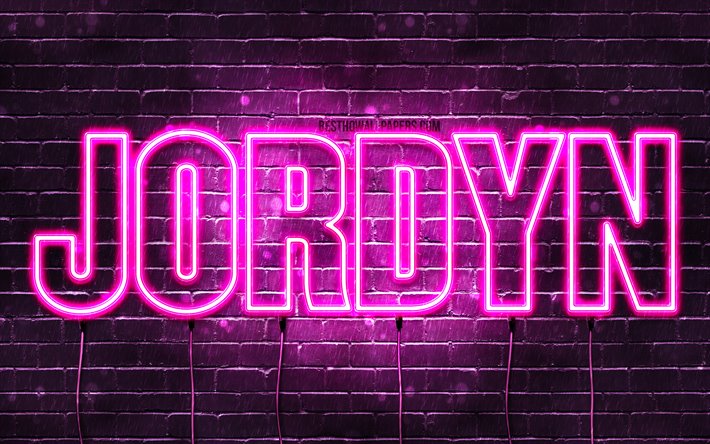 Jordyn, 4k, wallpapers with names, female names, Jordyn name, purple neon lights, horizontal text, picture with Jordyn name