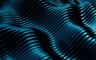 青色の金属波背景, 4k, 青の3次元波動の背景, 3d金属の質感, 青色の金属の背景