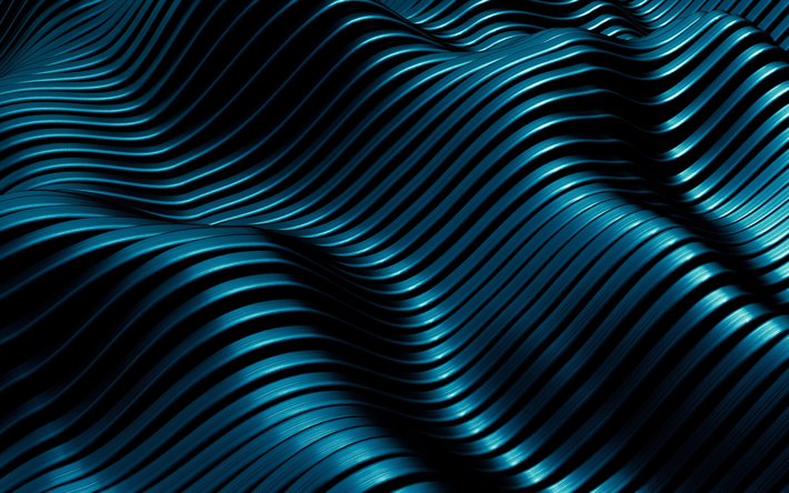青色の金属波背景, 4k, 青の3次元波動の背景, 3d金属の質感, 青色の金属の背景