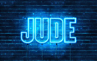 Jude, 4k, fondos de pantalla con los nombres, el texto horizontal, Jude nombre, luces azules de ne&#243;n, de la imagen con el nombre de Jude