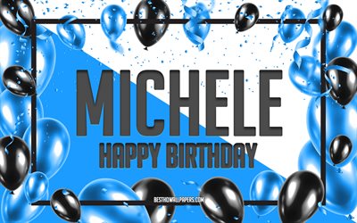 お誕生日おめでミケーレ, お誕生日の風船の背景, ミケーレ, 壁紙名, ミケーレがお誕生日おめで, 青球誕生の背景, ご挨拶カード, ミケーレの誕生日