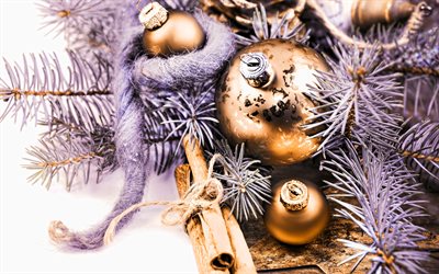 الذهبي كرات عيد الميلاد, 4k, زينة عيد الميلاد, السنة الجديدة, في فصل الشتاء خلفية عيد الميلاد