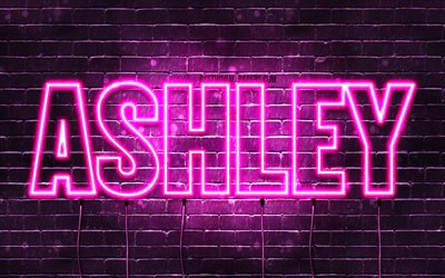 Ashley, 4k, taustakuvia nimet, naisten nimi&#228;, Ashley nimi, violetti neon valot, vaakasuuntainen teksti, kuva Ashley nimi