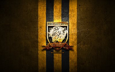 Hull City FC, golden logo, EFL Championship, yellow metal background, football, FC Hull City, english football club, Hull City FC logo, soccer, England