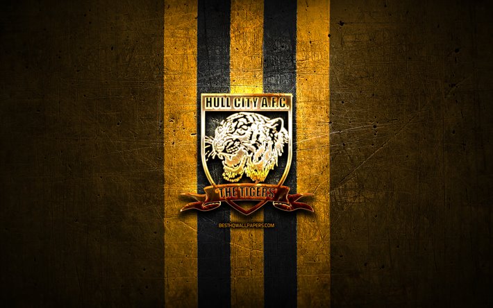 Hull City FC, logo dorato, EFL Campionato, giallo, metallo, sfondo, calcio, club di calcio inglese, logo, Inghilterra