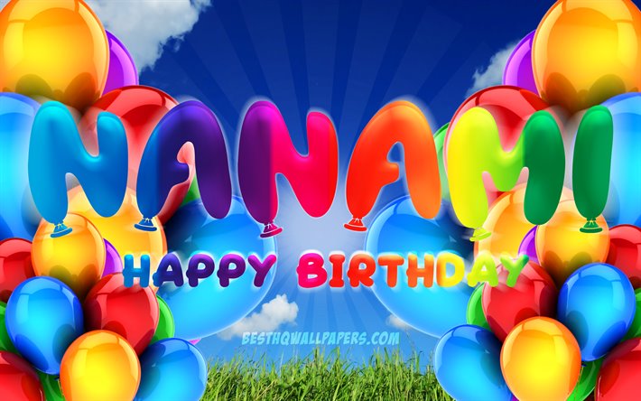 Nanami Happy Birthday, 4k, cloudy sky background, female names, Birthday Party, colorful ballons, Nanami name, Happy Birthday Nanami, Birthday concept, Nanami Birthday, Nanami