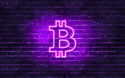 Bitcoin viola logo, 4k, viola, brickwall, Bitcoin logo, cryptocurrency, Bitcoin neon logo Bitcoin