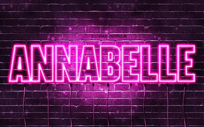 Annabelle, 4k, wallpapers with names, female names, Annabelle name, purple neon lights, horizontal text, picture with Annabelle name