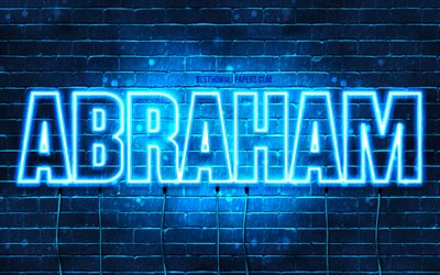 Abraham, 4k, taustakuvia nimet, vaakasuuntainen teksti, Abrahamin nimi, blue neon valot, kuva Abrahamin nimi
