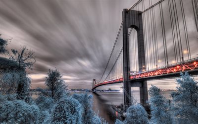Verrazano-Narrows Bridge, New York, Fort Wadsworth, winter, snow, cityscape, NYC, USA, Staten Island, New York City